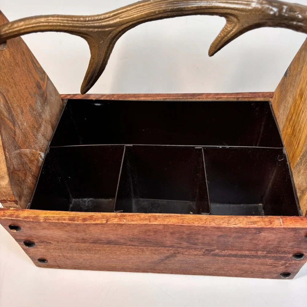 Rustic Pine Wooden Tote Box Antler Handle Primitive Farmhouse Tool Utensil Caddy